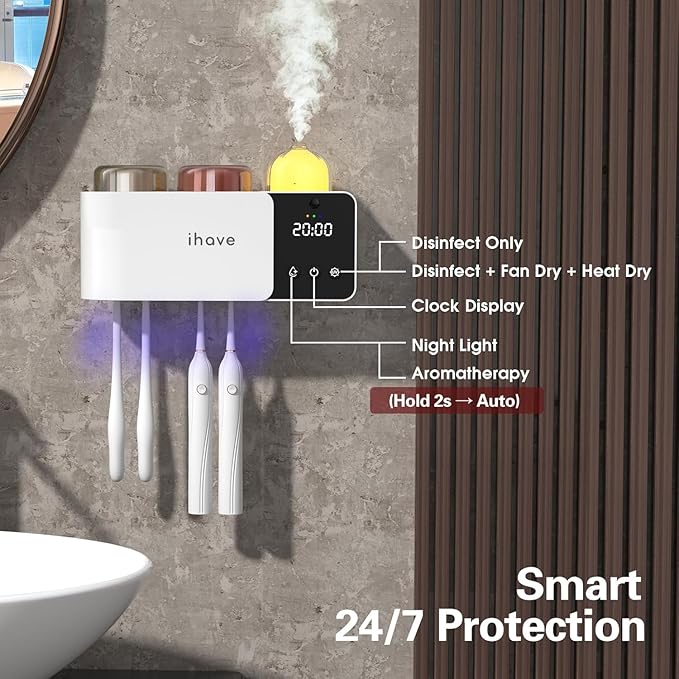 iHave Toothbrush Holders Wall Mounted with Toothbrush Sanitizer & Aromatherapy Diffuser | Auto-Cycle Disinfection, Heated Fan Drying, USB Rechargeable, IR Night Light,LED - 2 Cups Bathroom Organizer