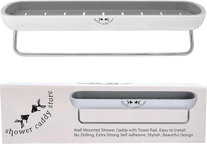 Shower Caddy - Wall Mounted - with Towel Bar - Extra Strong Self Adhesive - No Drilling - Easy Drainage - Stylish and Space Saving - Rustproof (White/Gray)
