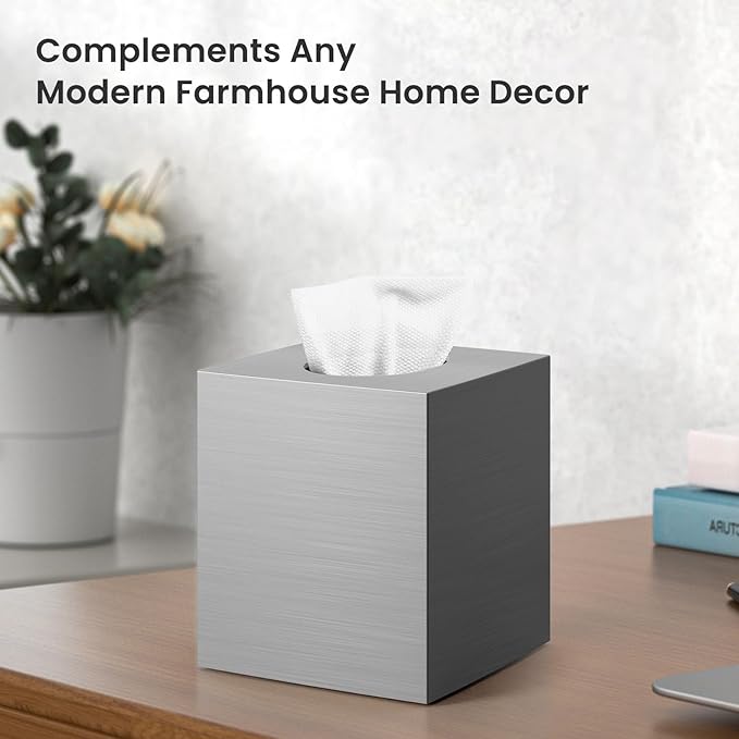 Tissue Box Cover, Square Modern Facial Acrylic Tissue Holder Napkin Dispenser Accessories for Bathroom Vanity Countertop,Bedroom Dresser,Night Stand,Desk,Office (Sliver)