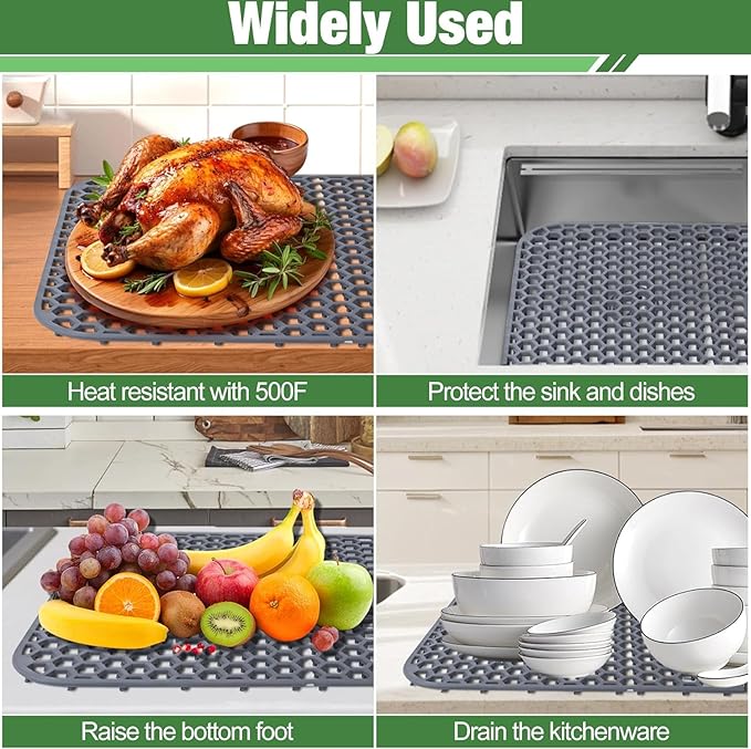 Sink Protectors Mat - 25.79"x13.98" Kitchen Sink Pad for Bottom of Basin for Protection of Stainless Steel and Tableware, Farmhouse Rubber Basin Mat Protector with Rear Drain - Light Gray