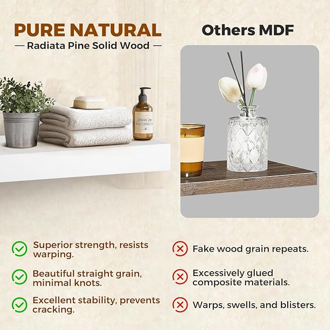 Floating Wall Shelves 24x6.8x1.7 Inch – Solid Wood Rustic Shelves in White Finish – Wall Mounted Display Shelf for Bathroom, Kitchen, Bedroom – Set of 3
