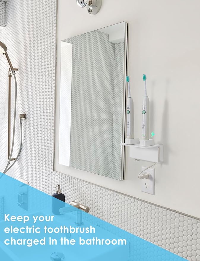 OAPRIRE Electric Toothbrush Holder Wall Mounted, Acrylic Electric Toothbrush Holder for Bathroom Come with Cable Organizer, Saving Space and Convenient Charging - White