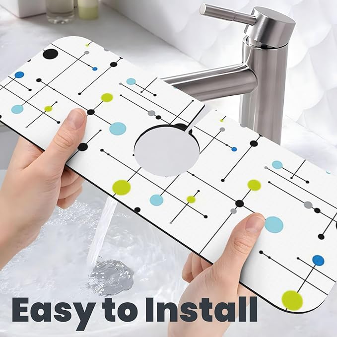 Atomic Mid Century Geometry Rustic Modern Black Kitchen Sink Splash Guard Faucet Mat 1 Pcs, Absorbent Fast Drying Mat Gadgets Splash Guard For Bathroom 15 X 5.5 Inches