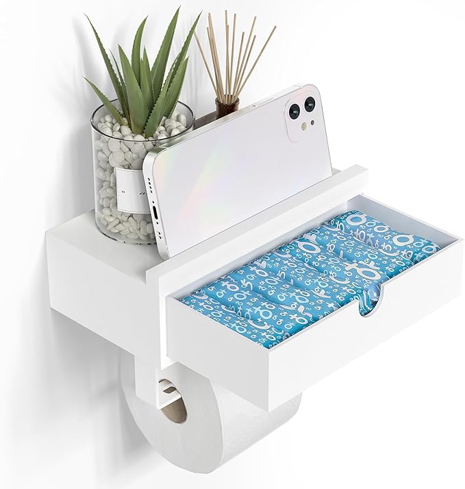 Domax Compact 7.36" Bamboo Toilet Paper Holder with Shelf and Storage Drawer - Wall Mount or Adhesive Bathroom Organizer for Tampons, Small Items, Space-Saving Design, White