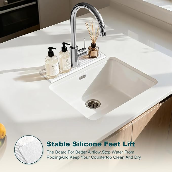 Stone Sink Mat for Kitchen - Water Absorbent Stone Tray, Quick Dry Faucet Mat, Kitchen Sink Splash Guard,Sink Mat & Base Faucet Mat for Counter Protection[White, 15.7"x3.9"]