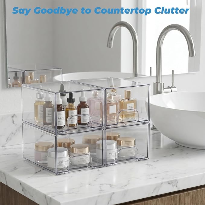 2 Pack Clear Stackable Storage Drawers, Bathroom Organizers and Storage, Makeup Organizer, Acrylic Medicine Cabinet Bins for Vanity, Countertop, Pantry