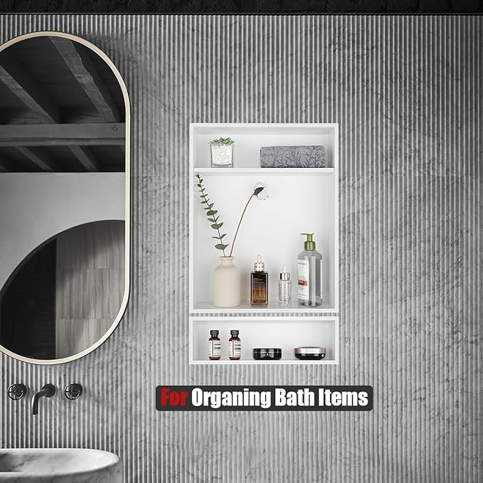 JQK Shower Niche No Tile Need, 18"×14" Matte White Bathroom Insert Shelf 2 Layer, 304 Stainless Steel Recessed Shower Caddy Organizer Storage, SNL1814D-WH