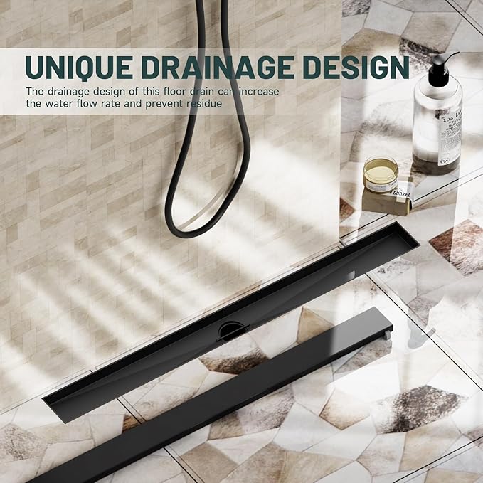 28-Inch Linear Shower Floor Drain, Stainless Steel Bathroom Floor Drains, Rectangular Shower Trench Floor Drain, Hair Strainer, Matte Black