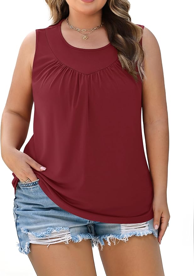 AKEWEI Womens Plus Size Tank Tops Ladies Sleeveless Summer Pleated Tops Oversized Flowy Tunics XL-5XL
