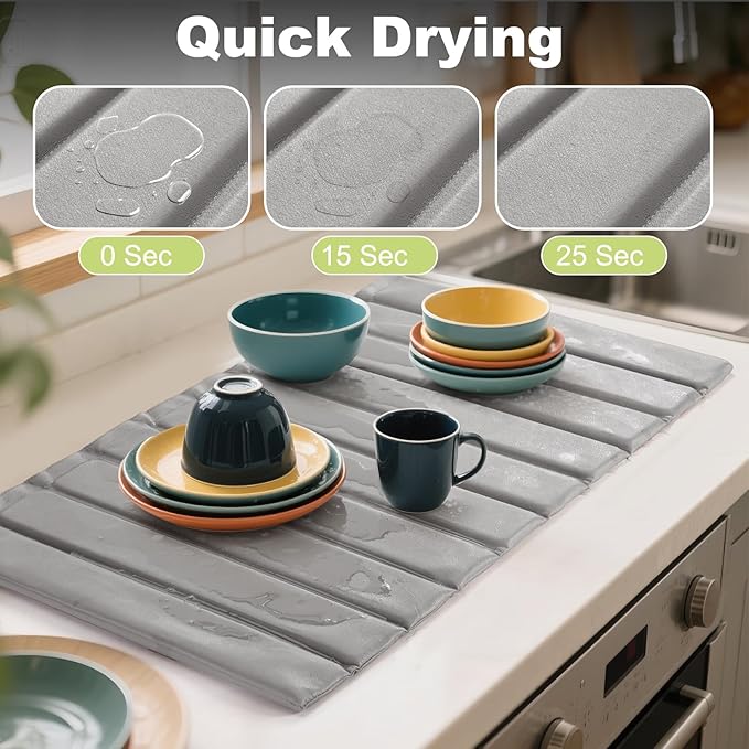 Large Stone Dish Drying Mat for Kitchen Counter, Ultra Absorbent Diatomaceous Earth Mat with PU Leather Cover Stain-resistant Quick Drying, Collapsible Stone Mats for Dishes Cups 23.6"x15.3"