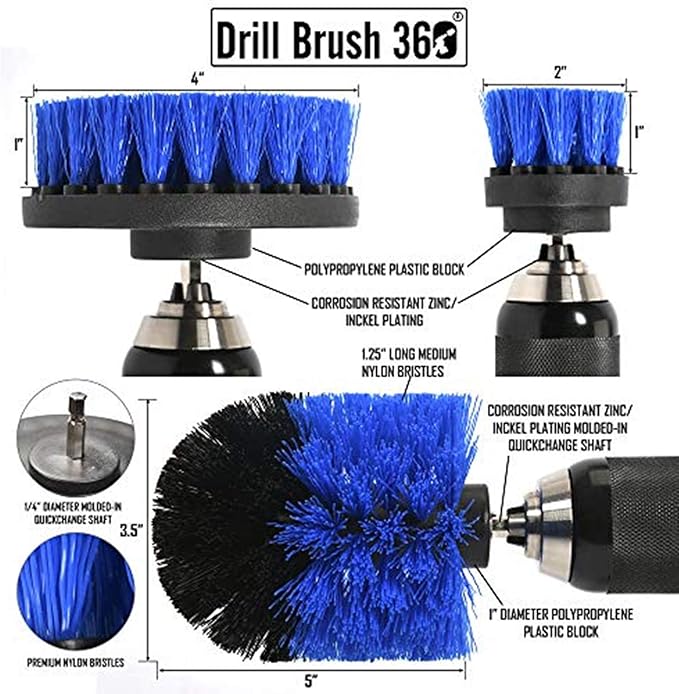 ORIGINAL Drill Brush 360 Attachments 3 pack kit -Blue All purpose Cleaner Scrubbing Brushes for Bathroom surface, Grout, Tile, Tub, Shower, Kitchen, Auto,Boat Fiberglass