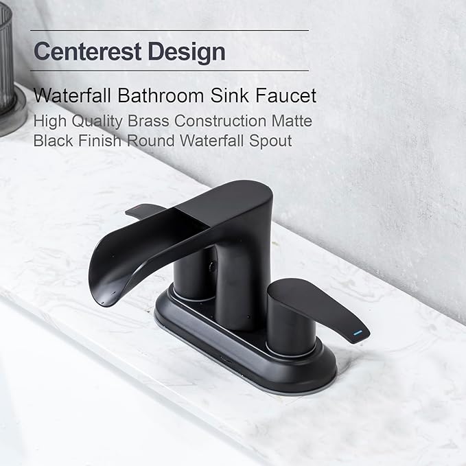 4 Inch Waterfall Bathroom Sink Faucet Centerest Bathroom Faucet Dual Handle Vanity Faucets 2 Hole or 3 Hole Waterfall Basin Mixer Tap with Pop Up Drain, Matte Black