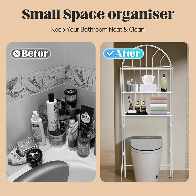 3-Tier Over The Toilet Storage Rack – Sturdy Metal Bathroom Organizer Shelf with 55 lbs Capacity, Freestanding Over Toilet Shelf Space Saver for Towels, Toiletries & Laundry, White