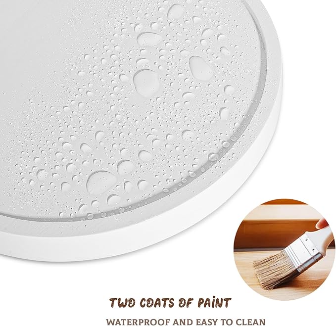 Round Decorative Tray Wood Bathroom Counter Organizer Farmhouse Kitchen Decor Wooden Riser for Soap Dish, Perfume, Candle, Sponge, 9" - White