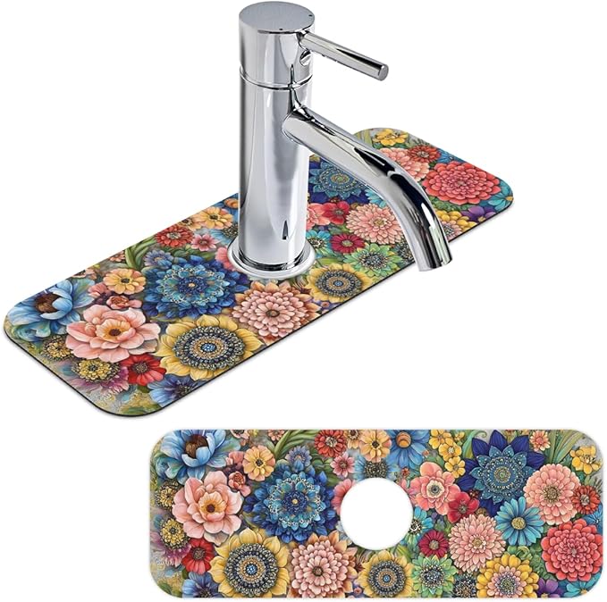 Kitchen Sink Splash Guard Faucet Mat Boho Flowers 2PCS Super Absorbent Fast Drying Faucet Guard & Draining Mat Sink Splash Guard Behind Faucet Drip Catcher for Kitchen Bathroom RV (15.4" X 5.7" )