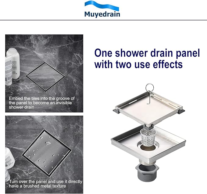 Square Shower Drain with Removable Tile Insert Grate, 6-Inch, Brushed 304 Stainless Steel, Includes Hair Strainer CUPC Certified,MUYEDRAIN