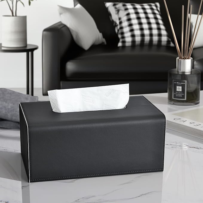 KINGFOM Tissue Box Cover, PU Leather Rectangular Tissue Box Holder with Magnetic Bottom Cover for Facial Tissues/Napkins, Office & Living Room Decor Box (Black)