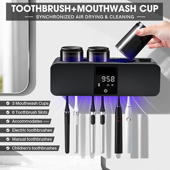 Wall-Mounted Smart Toothbrush Holder with Drying Function,Washroom Toothbrush Clean Holder No Drilling Required, with 3 Cups for Family (Black)