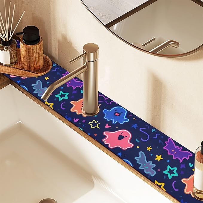 Kitchen Sink Splash Guard 2 PCS 30 Inch Sink Faucet Mat Splash Guard for Bathroom Countertop Water Absorbent Foldable Cuttable Soft Washable Halloween Neon Ghosts Stars and Bats
