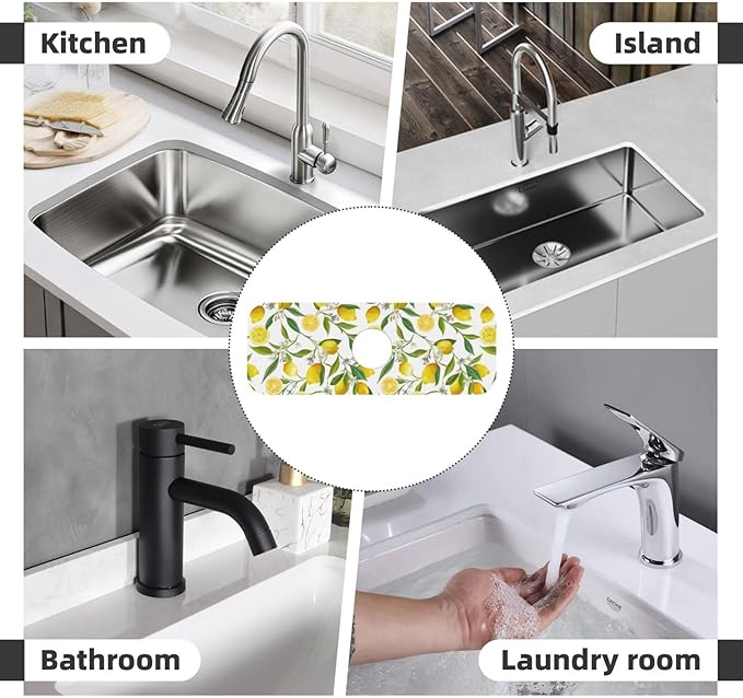 Yellow Lemon Teal Kitchen Sink Splash Guard Faucet Mat 1 Pcs, Absorbent Fast Drying Mat Gadgets Splash Guard For Bathroom 15 X 5.5 Inches