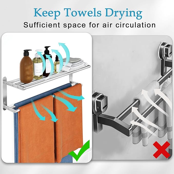 Towel Racks for Bathroom - 24 in Bath Towel Shelf with Double Towel Bar, Stainless Steel Towel Storage for Lavatory Wall Mounted, 2-Tier Towel Hanger Towel Holder, Brushed Nickel