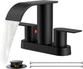 FORIOUS Matte Black Bathroom Faucets, Waterfall 4 Inch Centerset Bathroom Sink Faucet with Metal Pop up Drain and cUPC Hose for Basin, Vanity, RV, Pedestal 2 or 3 Hole Sink