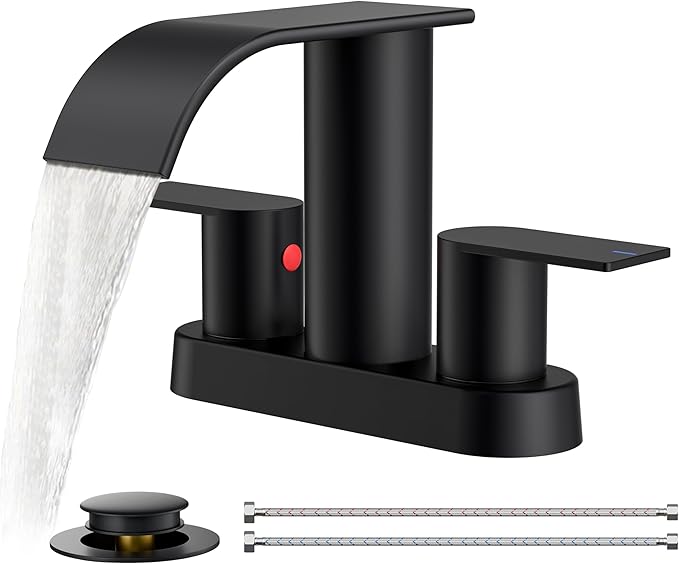 FORIOUS Matte Black Bathroom Faucets, Waterfall 4 Inch Centerset Bathroom Sink Faucet with Metal Pop up Drain and cUPC Hose for Basin, Vanity, RV, Pedestal 2 or 3 Hole Sink