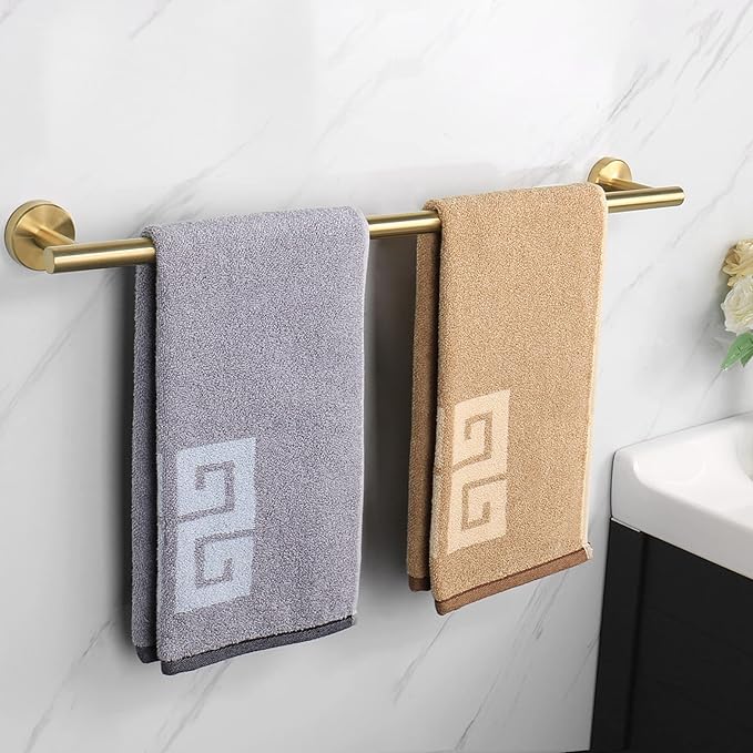 NearMoon Bath Towel Bar, Thicken Stainless Steel Shower Towel Rack Holder Wall Mounted for Bathroom, 26-lnch Overall Length-24-lnch Usable Hanging Space (1 Pack, Brushed Gold)