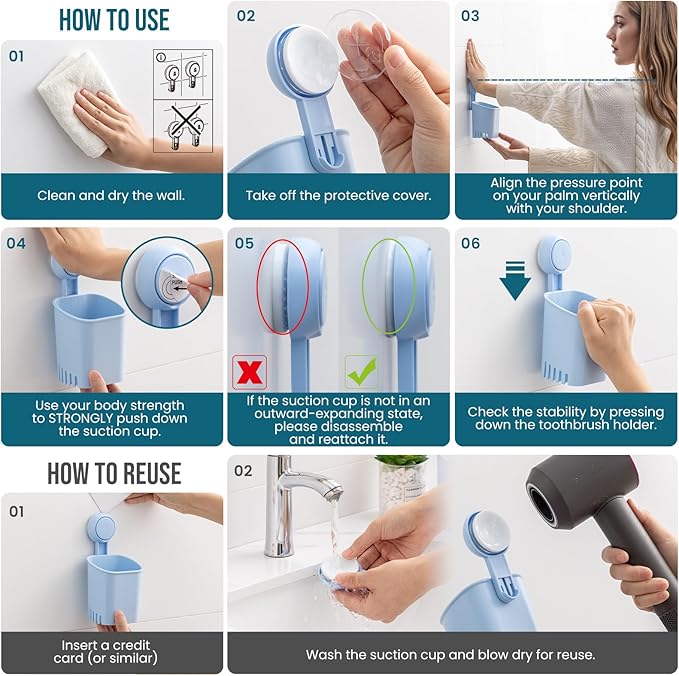 TAILI Suction Toothbrush Holder, Powerful Toothpaste Toothbrush Suction Cup, Self-draining Shower Razor Holder, Shower Toothbrush Holder for Wall, Kitchen Tableware Holder, Blue