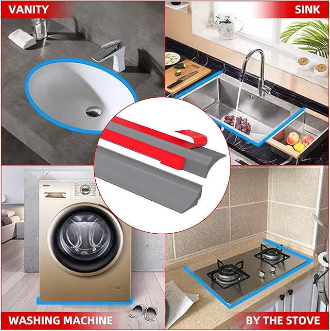 Shower Threshold Water Dam, 39" Gray Silicone Water Barrier Flexible Seal Strip, Self Adhesive Splash Guard for Sink, Shower, Bathtub