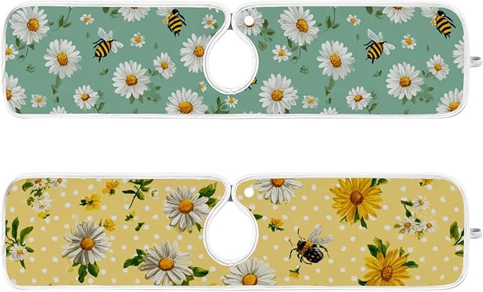 2 PCS Kitchen Sink Splash Guard 23.6 Inch Faucet Mat for Kitchen Sink Bathroom Sink Faucet Absorbing Drip Drain Mat Pad Microfiber Soft Washable Yellow and Green Daisy Bees