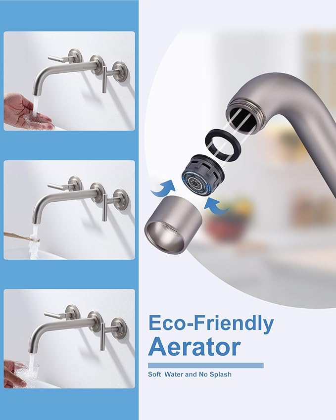 WOWOW Wall Mount Bathroom Faucet, Brushed Nickel, Modern Style, 3 Hole, Dual Lever Handles, Drip Proof, Stainless Steel, Chrome Finish