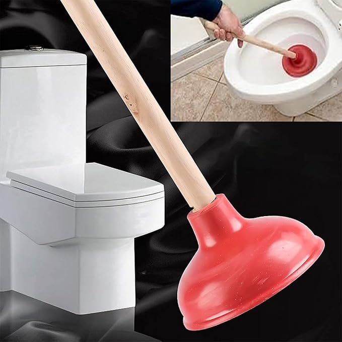 Toilet Plunger Red Heavy Duty Force Cup Rubber with A Long Wooden Handle to Fix Clogged Toilets and Drains, Perfect for Kitchens and Bathrooms (2 pcs)