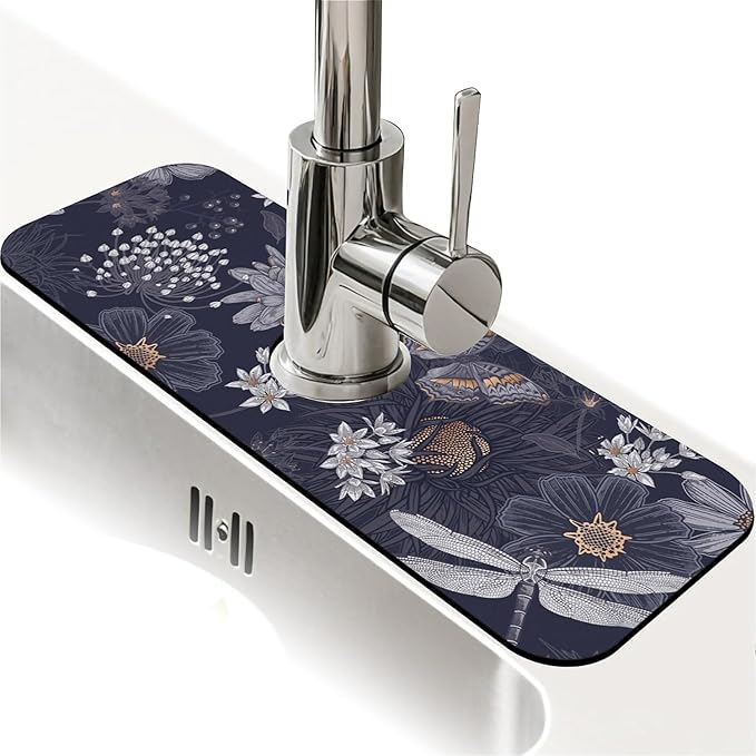 Kitchen Sink Splash Guard，butterflies dragonflies Faucet Mat Sink Gadgets-Super Absorbent Fast Drying Mat Drip Catcher for Kitchen, Bathroom,Sink Mat, Dish Drying Mat, Bathroom(15" X 5.5" )