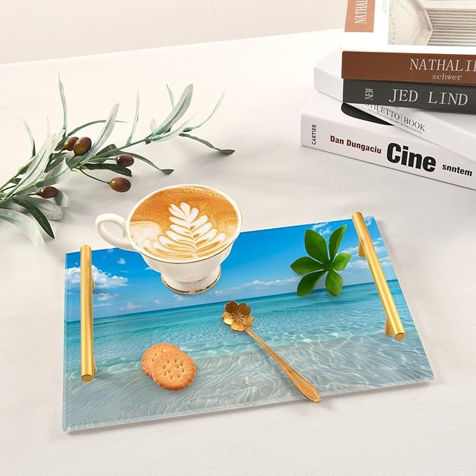 Blue Ocean Vanity Tray Acrylic Bathroom Countertop Tray Ocean Decorative for Kitchen Desk Organizer Makeup Storage Tray