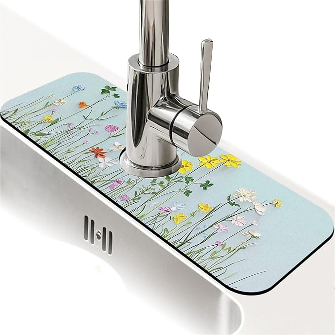 Kitchen Sink Splash Guard，Simple wildflowers Faucet Mat Sink Gadgets-Super Absorbent Fast Drying Mat Drip Catcher for Kitchen, Bathroom,Sink Mat, Dish Drying Mat, Bathroom(15" X 5.5" )