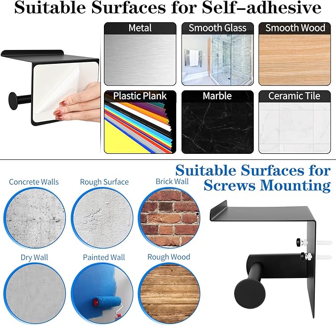 1pcs Matte Black Toilet Paper Holder with Shelf, Screw or Self Adhesive Toilet Paper Holder Wall Mount