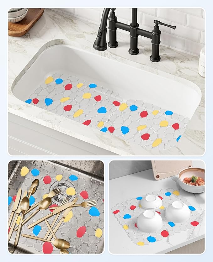 Bligli PVC Sink Mat, Pebble Design 2 Pack Sink Protector Mats for Bottom of Kitchen Sink, Dish Drying Mat for Dishes and Glassware, 15.7 x 11.8 inches, Handpainted-Clear