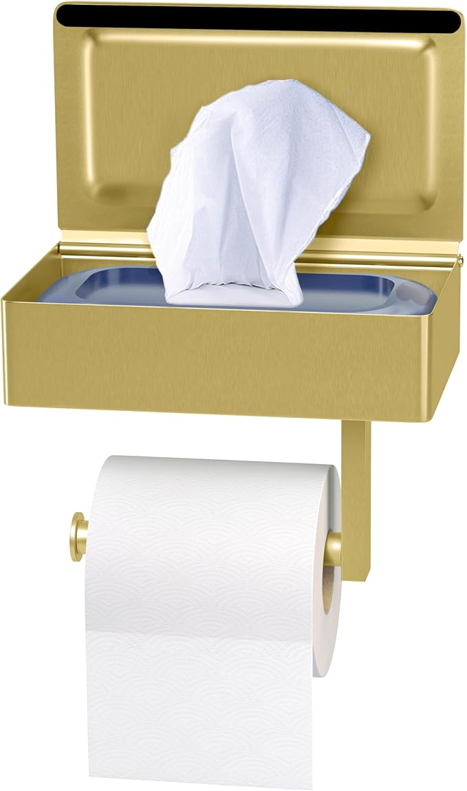 Brushed Gold Toilet Paper Holder Wall Mounted with Shelf & Wipes Storage – Stainless Steel SUS304 Modern Toilet Tissue Roll Holder for Bathroom, Kitchen – Adhesive and Screw Installation