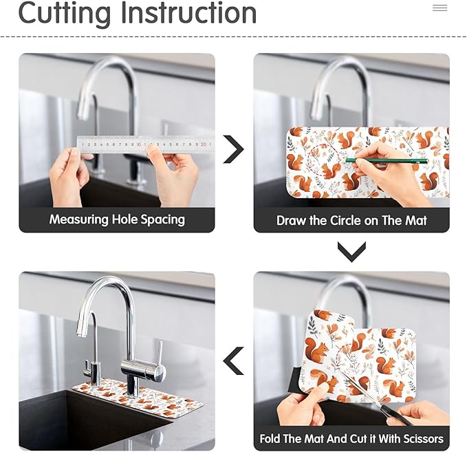 Squirrels and Fall Leaves Kitchen Sink Splash Guard Sink Faucet Mat Faucet Handle Drip Catcher Drain Mats for Kitchen Bathroom Countertop Absorbent Dish Drying Pad 2Pack 30x5.4IN