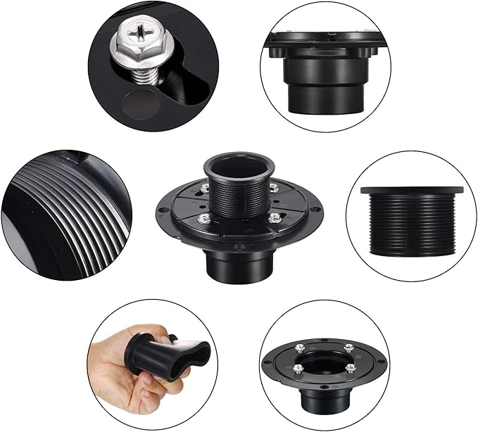 Shower Drain Base Flange Kit ABS Base, 2 inch Adjustable Thread Adapter with Rubber Gasket for No Hub Linear & Square Drain Installation
