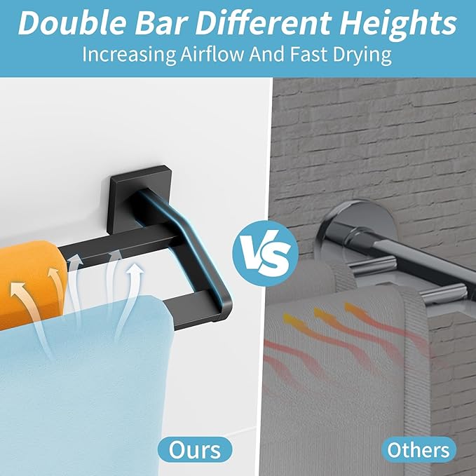Double Towel Bar 24 Inch, Heavy Duty Stainless Steel Double Towel Racks for Bathroom Wall Mounted, Space Saving Bathroom Towel Holder Rod, Matte Black