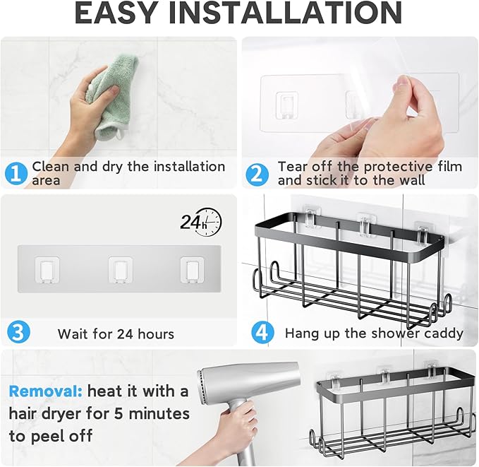 14 Pack Shower Caddy Adhesive Replacement Flat, Transparent Strong Adhesive Hooks, No Drilling, Waterproof Wall Hooks for Shower Caddy, Bathroom Storage Shelves and Kitchen Racks