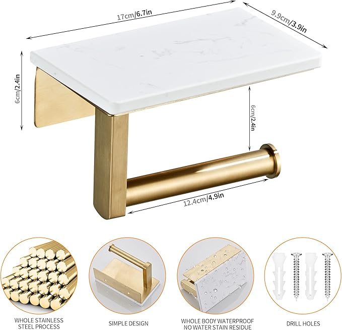 Brushed Gold Toilet Paper Holder with Shelf, 304 Stainless Steel Screw Wall Mounted, Marble Tissue Roll Holder with Storage