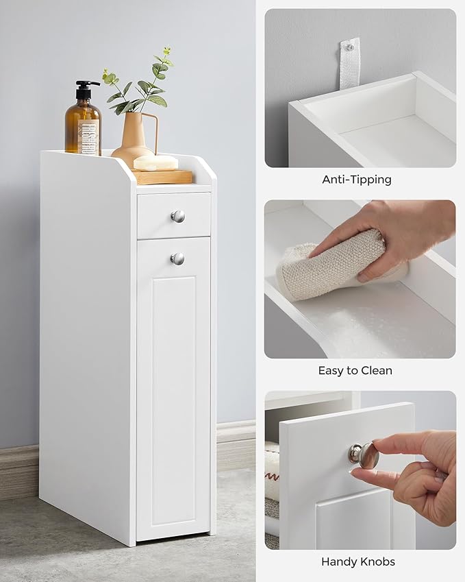 VASAGLE Slim Storage Cabinet, Narrow Storage Organizer with Slide Out Drawers, Freestanding Toilet Paper Holder, Small Space Skinny Cabinet for Bathroom Kitchen Corner, Cloud White UBBC847P31