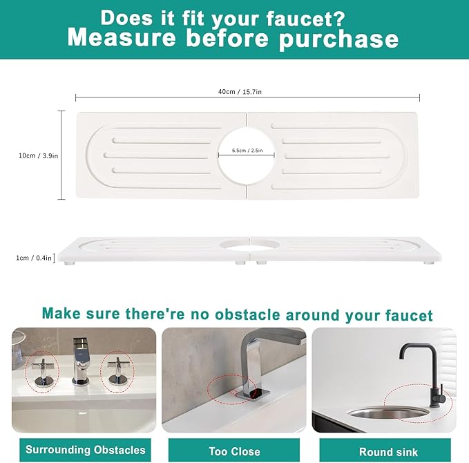 15.7”Drying Stone Faucet Mat for Kitchen Sink-Diatomite Quick Dry Kitchen Sink Splash Guard, Water Absorbent Diatomite Stone Tray,Durable Protector for Bathroom Counter (white, 15.7" X 3.9")