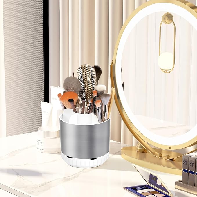 Silver Toothbrush Holders for Bathrooms Countertop Organizer - Kids Electric Toothbrush and Toothpaste Holder Rotating Tooth Brush Organization Bathroom Sink Accessories Storage Caddy
