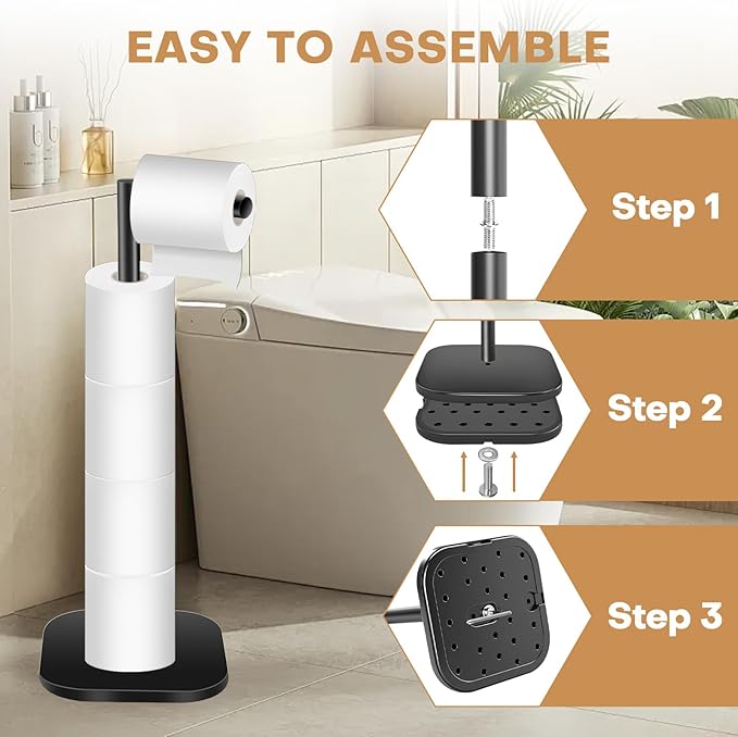Toilet Paper Holder Stand Freestanding, Matte Black Toilet Paper Stand for Bathroom, Stainless Steel Toilet Paper Roll Holder with Storage,Tissue Holder,Non-Slip,Rust Proof