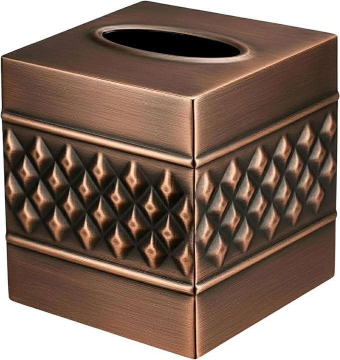 Monarch Abode Tissue Box Cover Square – Handcrafted Geo Embossed Antique Copper Metal Tissue Holder Box for Bathroom Accessory, Aesthetic Decorative Facial Napkin Cube for Modern Home Decor