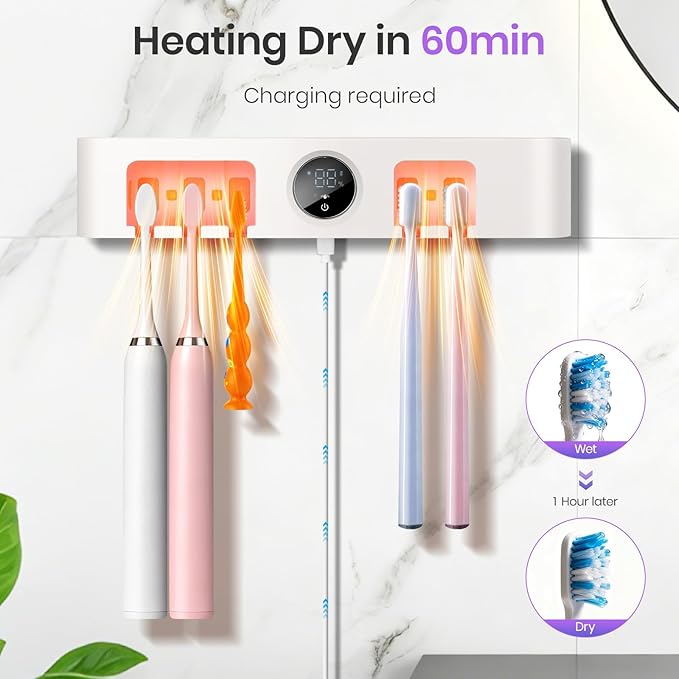 Wall Mounted Toothbrush Holder&Toothbrush Cleaner,Electric Toothbrush Holder, Razor Holder and Cleaner for Bathroom Accessory, with Auto Inductive Open/Close Cover, Clean, Dry for Home,Travel-5Slots